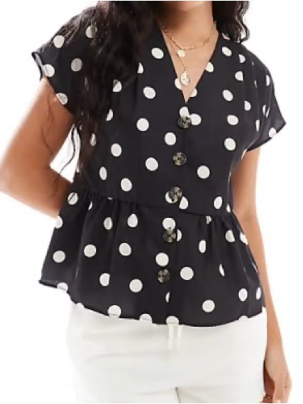 Polka Dot Button-Front Peplum Blouse